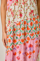Mixed Print Panels Long Dress Ivory + Rose