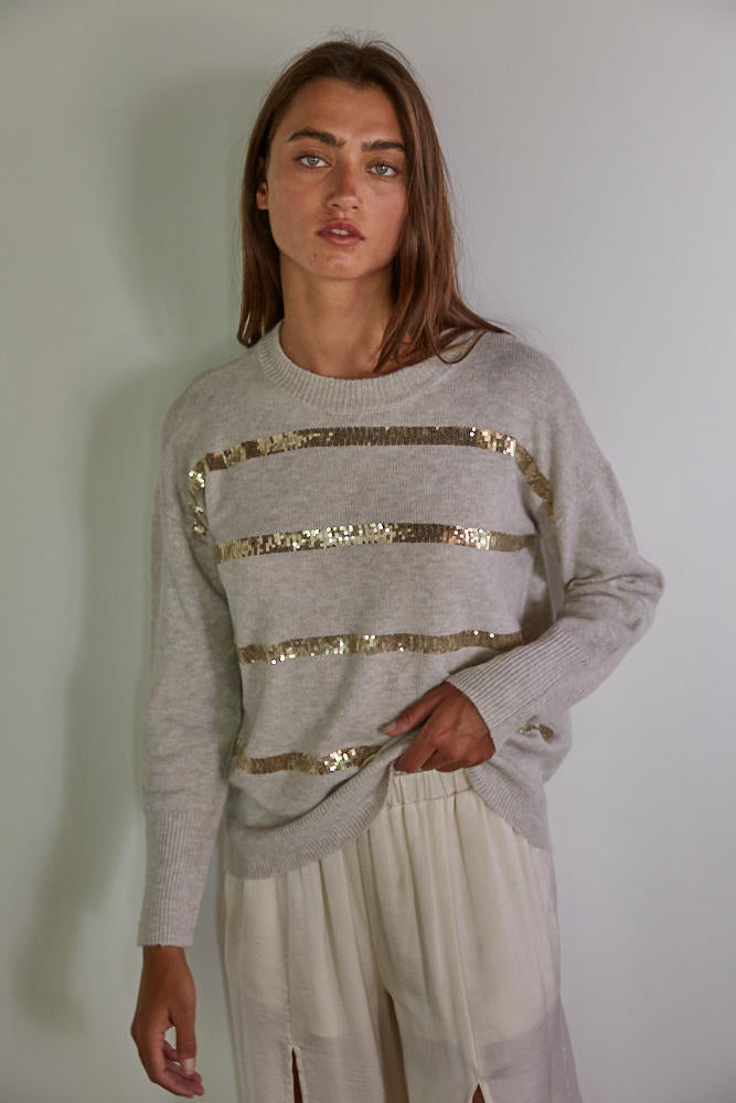 Shimmer On Sequin Stripe Pullover Sweater Natural