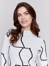 Gutsy Print Mock Neck Knit Sweater Black + Cream