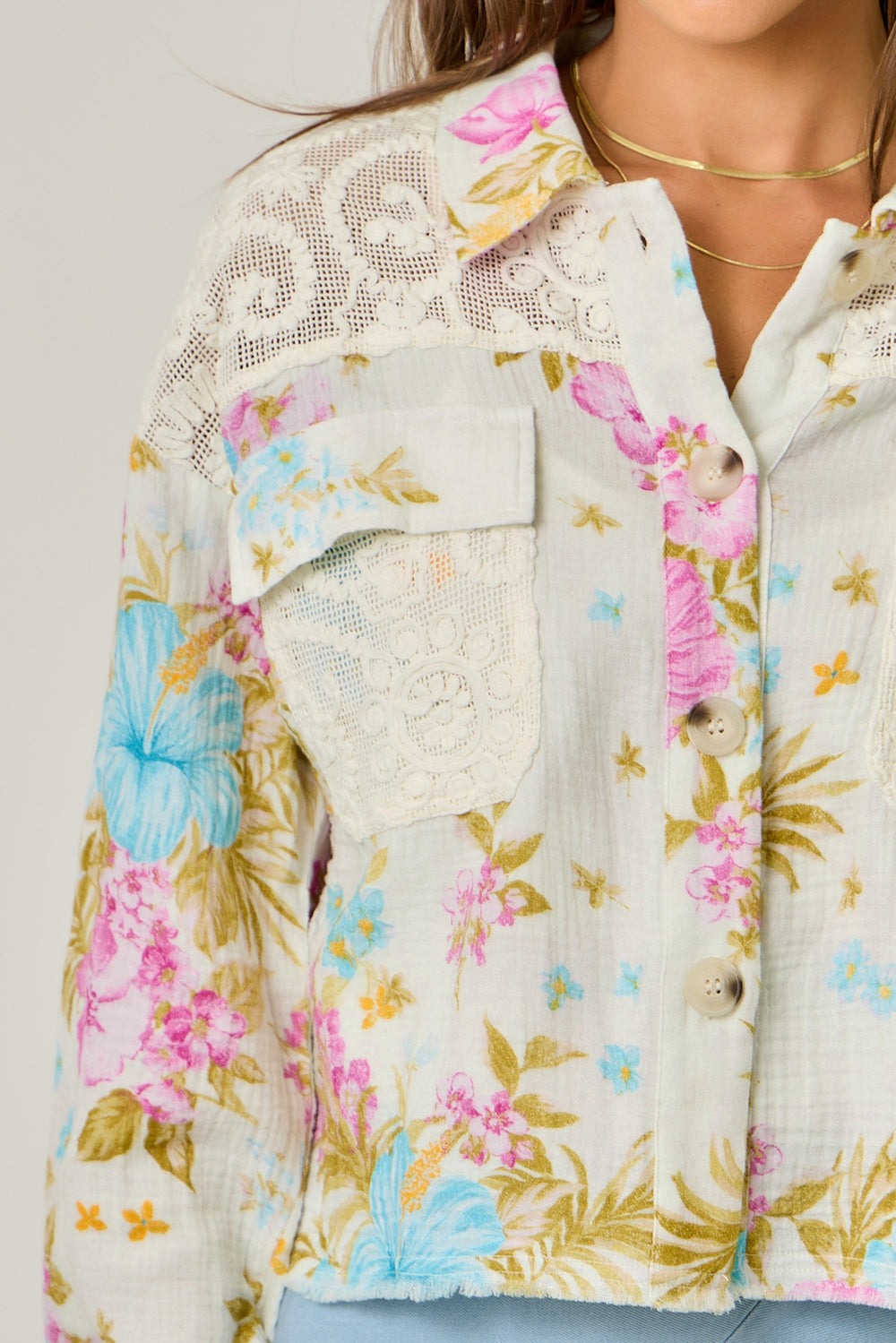 Floral & Lace Combo Mix Media Jacket White Mix