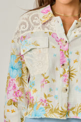 Floral & Lace Combo Mix Media Jacket White Mix
