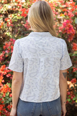 Button Down Stripe Paisley Floral Embroidered Top Blue