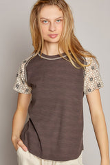 Floral Stitch Detail Raglan Sleeve Top Charcoal