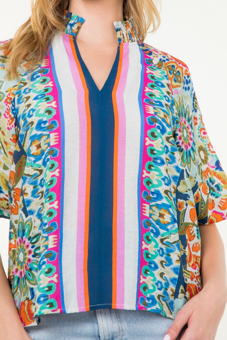 Painted Floral Mix Stripe Block Puff Sleeve Top Cream