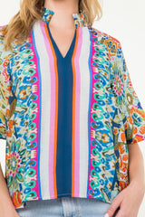 Painted Floral Mix Stripe Block Puff Sleeve Top Cream