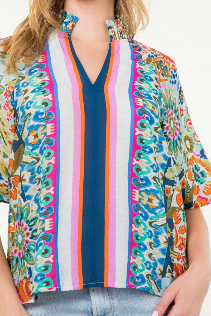 Painted Floral Mix Stripe Block Puff Sleeve Top Cream