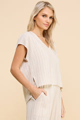 Pinstripe Vneck Linen Top Natural Stripe