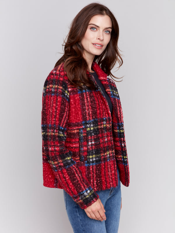 Boucle Knit Plaid Short Coat Cranberry