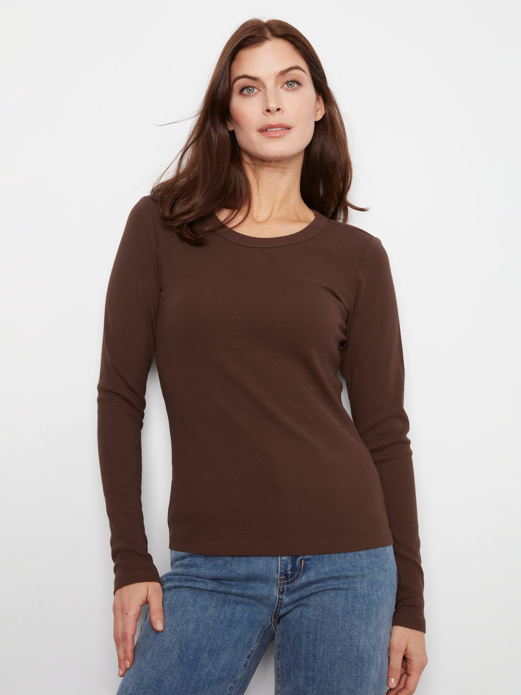 Tencel Ribbed Long Sleeve Crew Neck Top Coffee