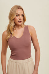 Cropped Ribbed Padded Bra Tank Red Bean