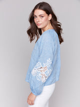 Lace Detail Raglan Sleeve Button Down Blouse Chambray