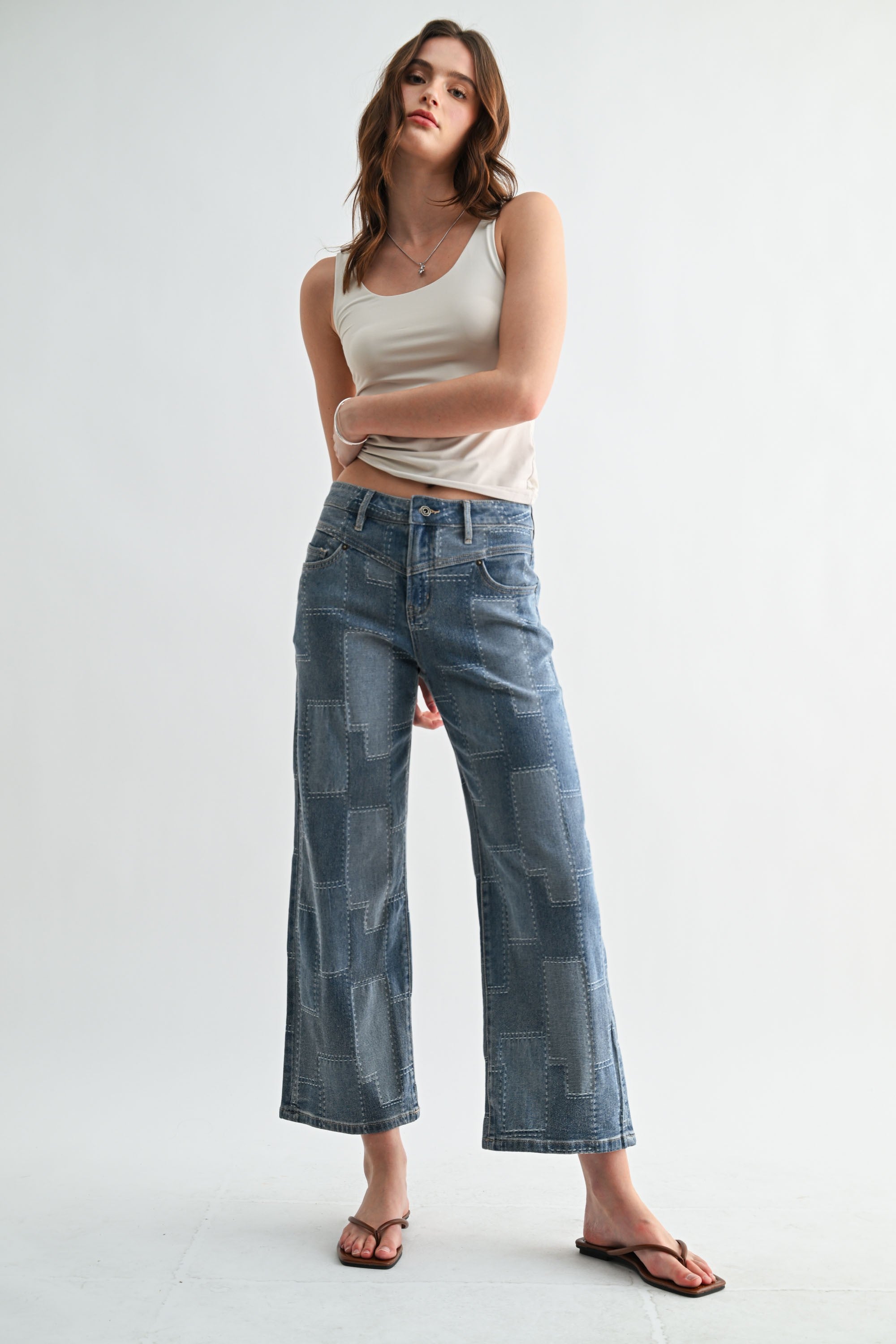 High Rise Patchwork Wide Leg Ankle Jeans Patch Blue