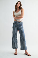 High Rise Patchwork Wide Leg Ankle Jeans Patch Blue