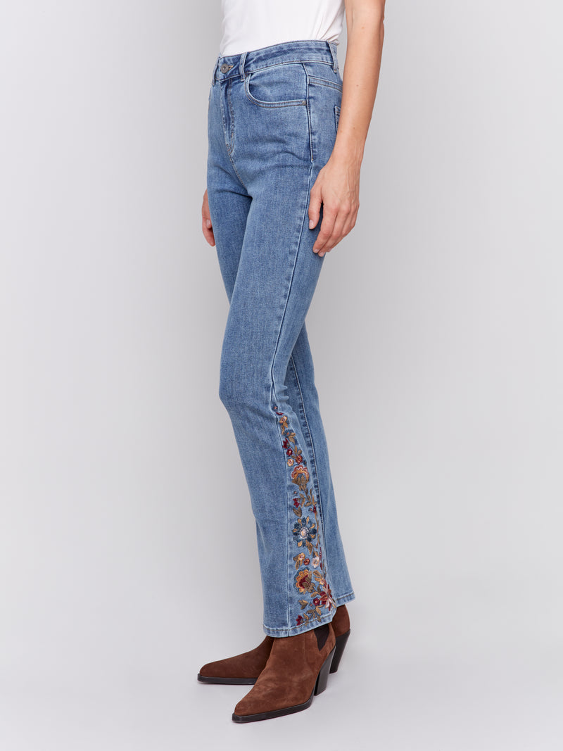 Floral Embroidered Panel Flare Jeans Medium Blue