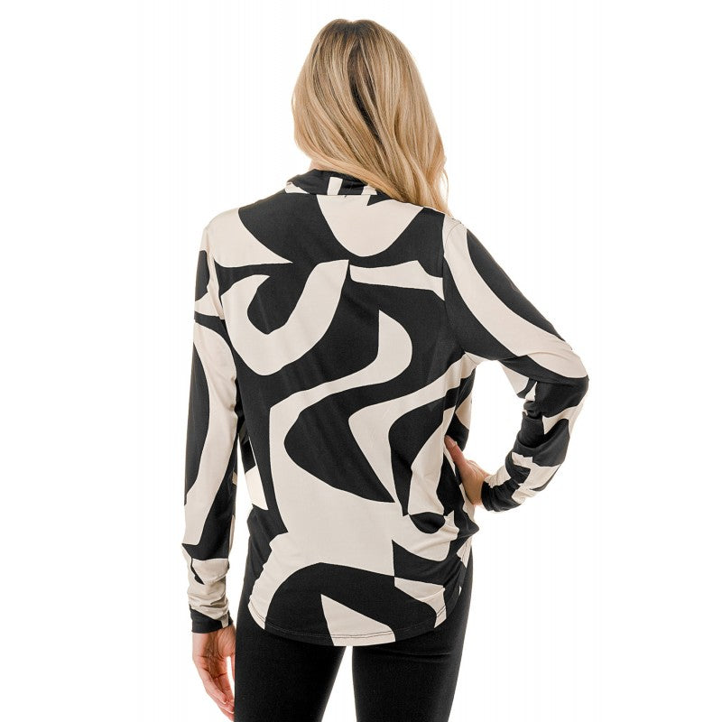 Surplice Printed Long Sleeve Blouse Black + White Mod Swirl
