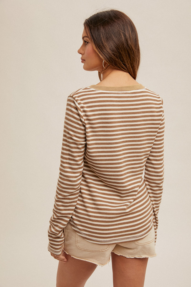 Snow Wash Stripe Henley Top Taupe