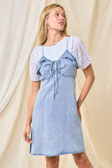 Cinched Cut Out Ruffle Detail Dress Light Denim