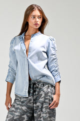 Shirring Detail Washed Button Down Denim Top Light Denim