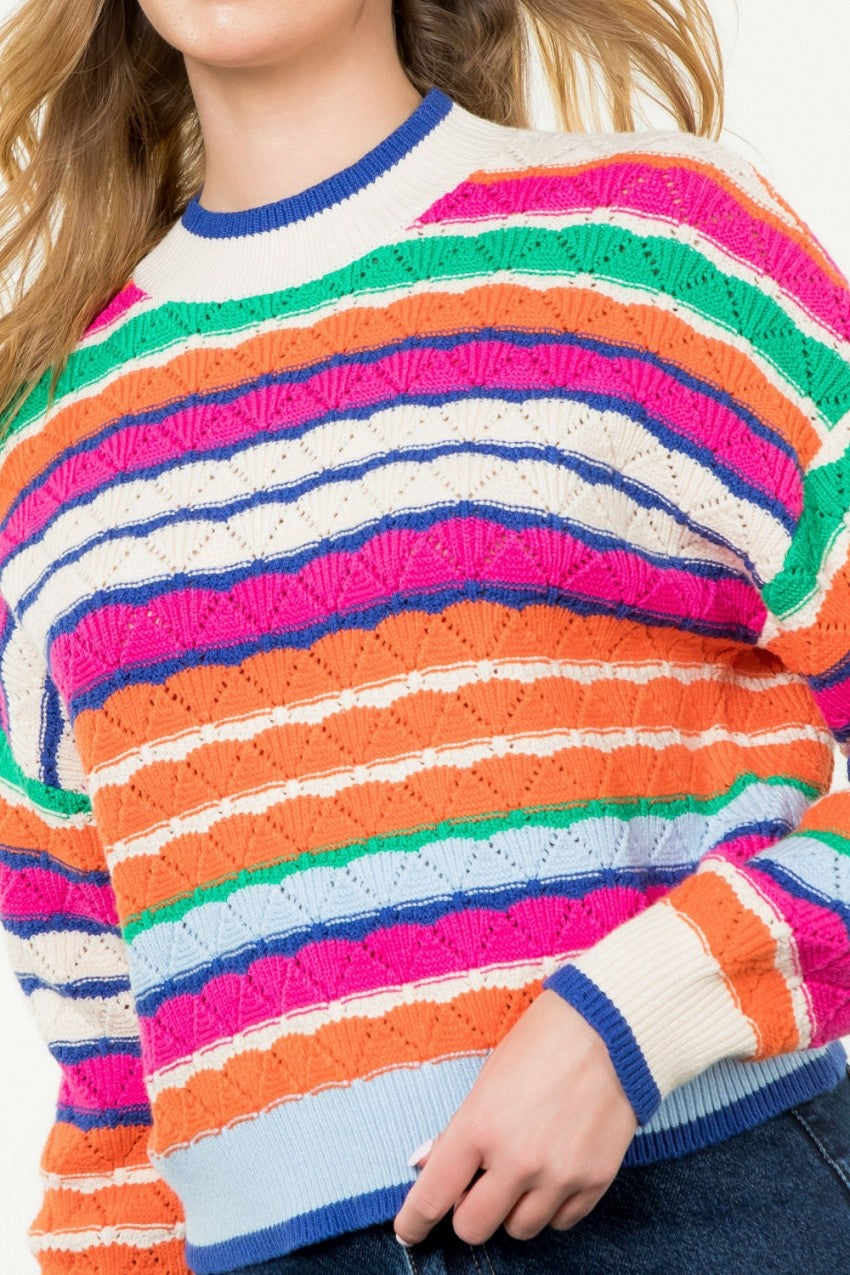 Multicolor Scallop Knit Stripe Sweater Cream