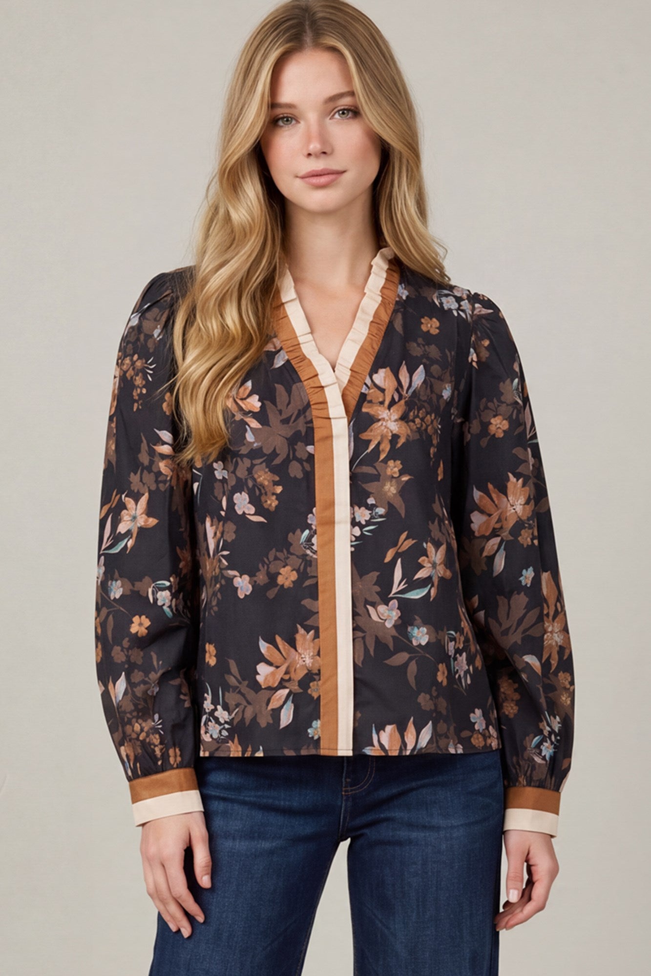 Floral Print Ruffle Trim Long Sleeve Top Black