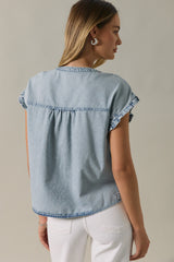 Polka Dot Denim Button Up Smock Detail Shirt Light Denim White Dot