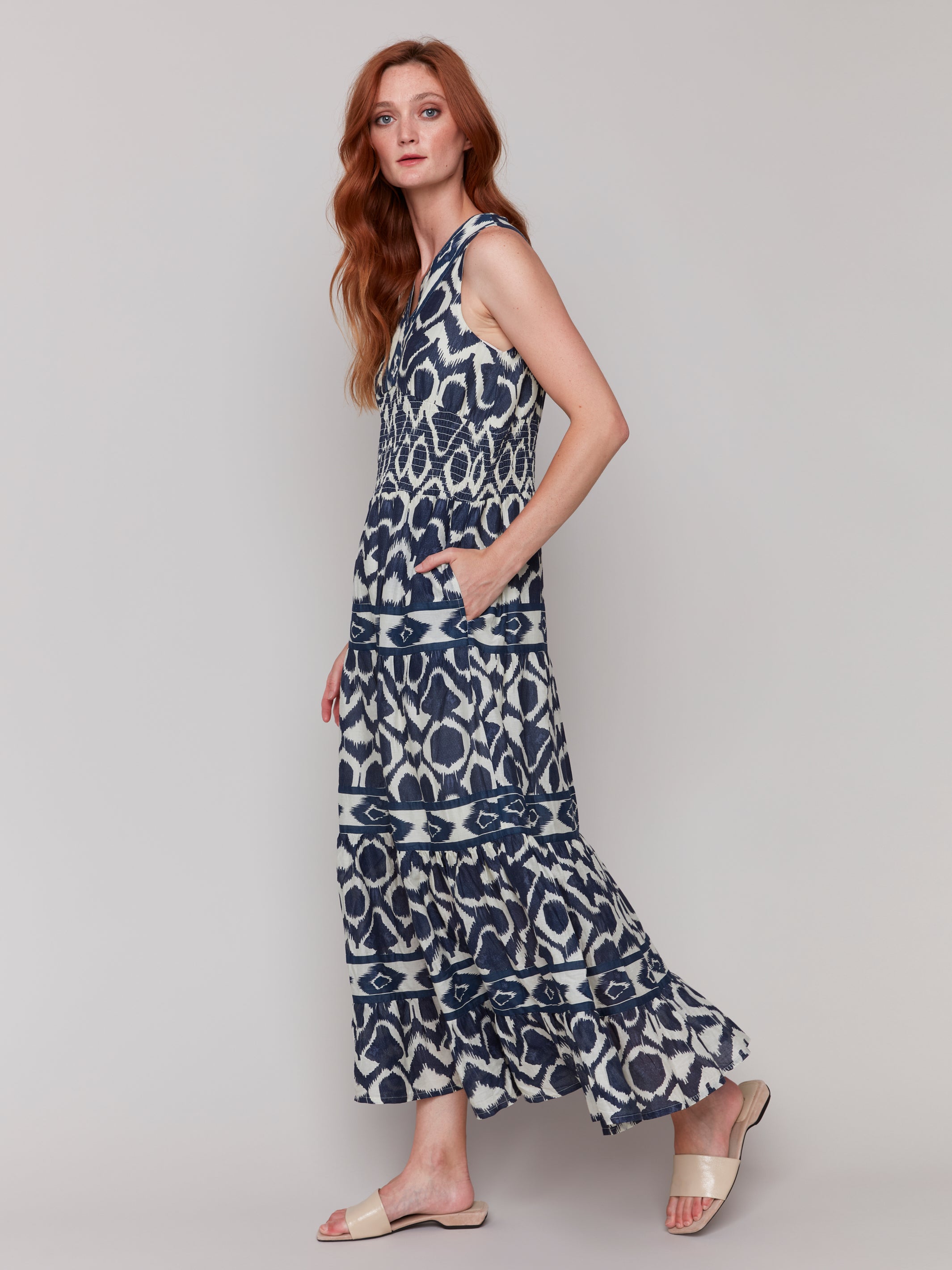 Printed Sleeveless Vneck Maxi Dress Navy