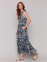 Printed Sleeveless Vneck Maxi Dress Navy