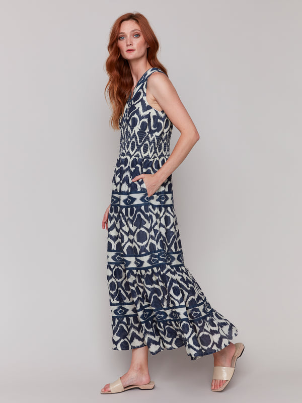 Printed Sleeveless Vneck Maxi Dress Navy