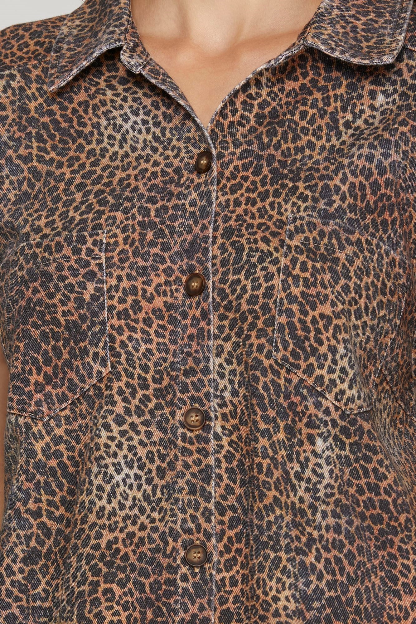 Short Sleeve Leopard Twill Washed Shirt Dress Brown