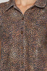 Short Sleeve Leopard Twill Washed Shirt Dress Brown
