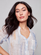 Printed Half Button Cotton Gauze Blouse Brushes