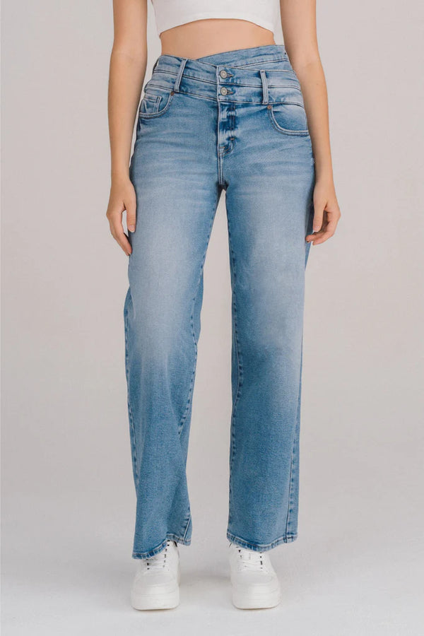 Double Crossover Waist Dad Jeans Medium Light