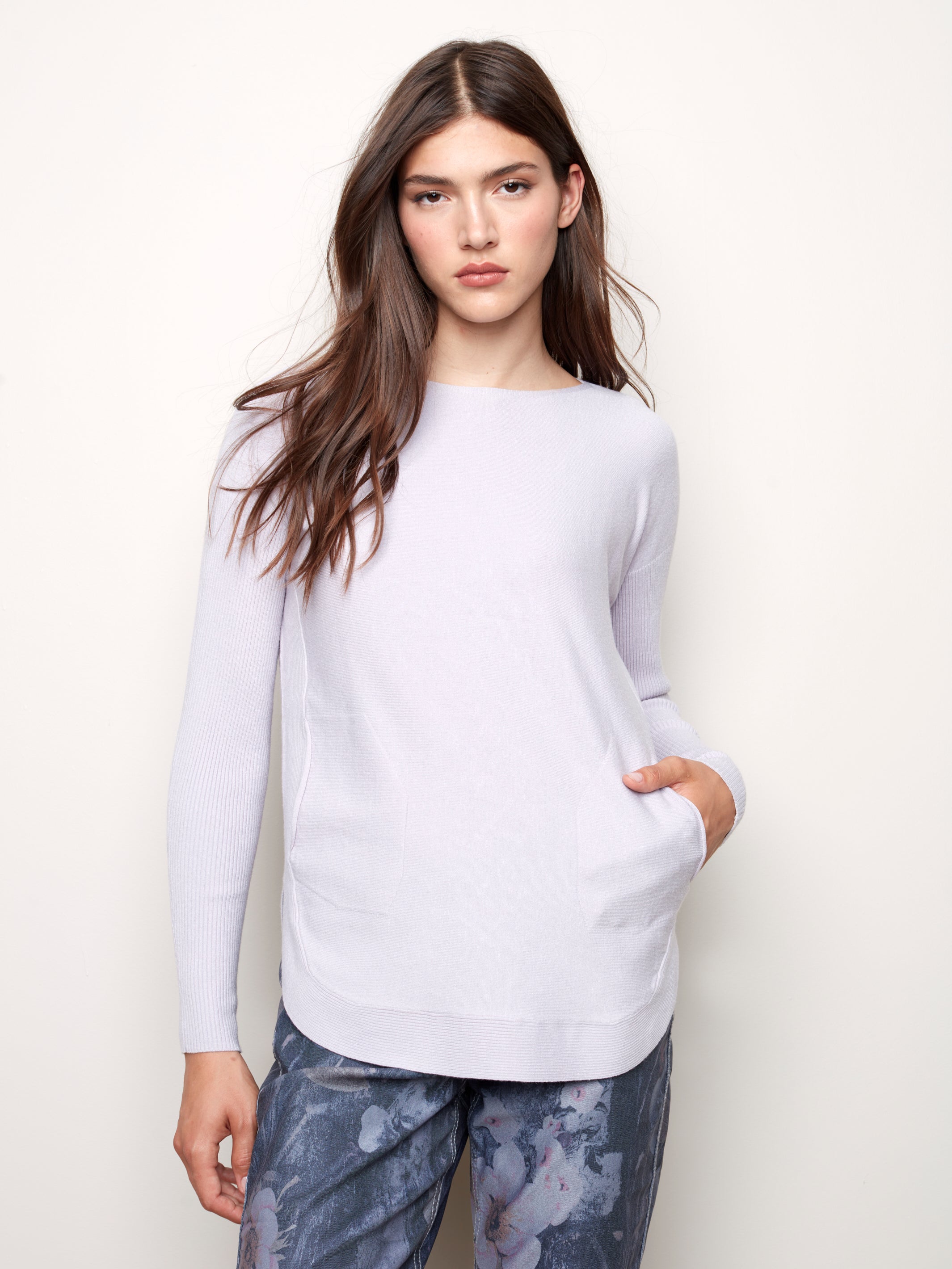 Rounded Hem Plushy Knit Solid Sweater Lilac