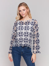 Mix Pattern Crochet Wide Sleeve Blouse Denim