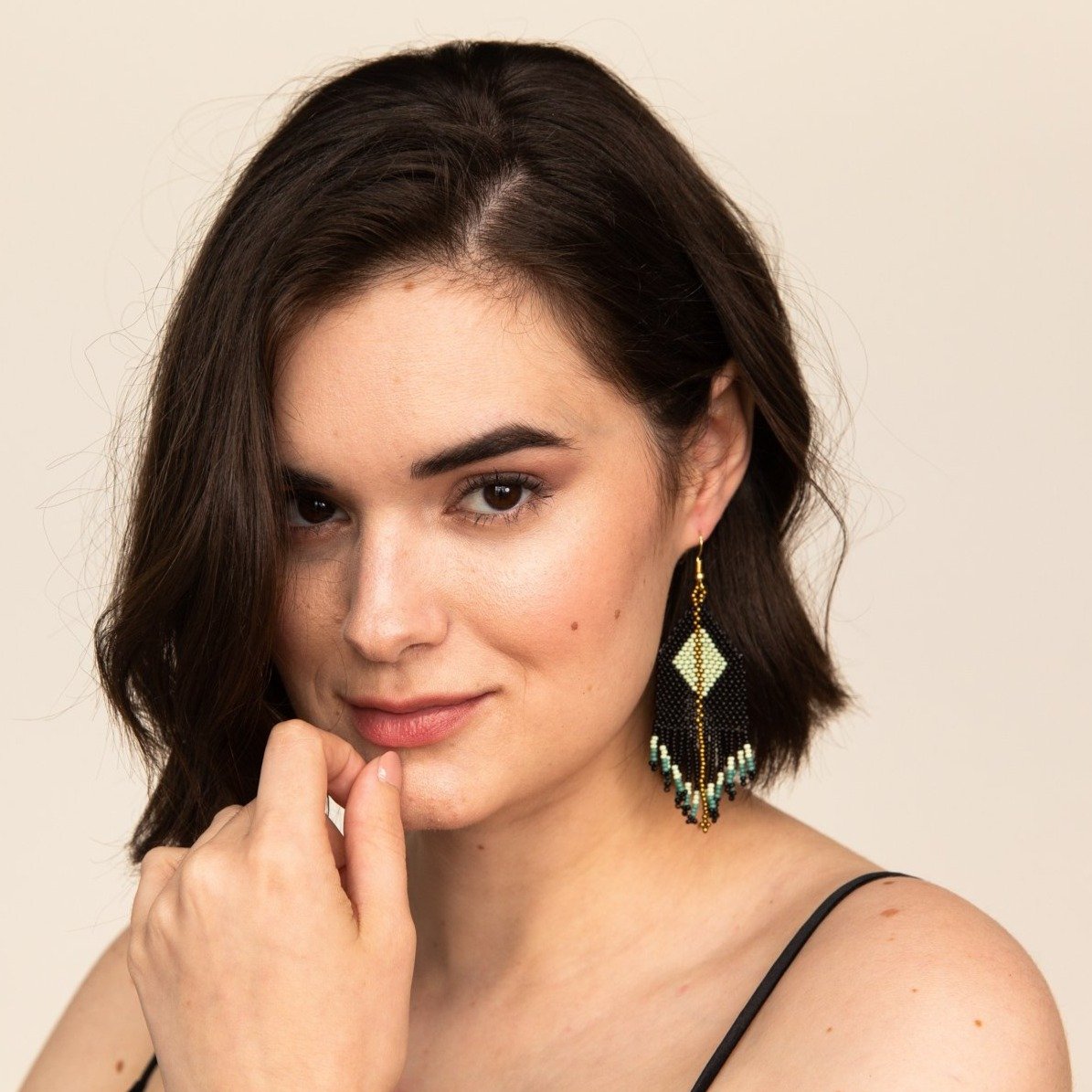 Diamond Seed Bead Earrings Black + Mint