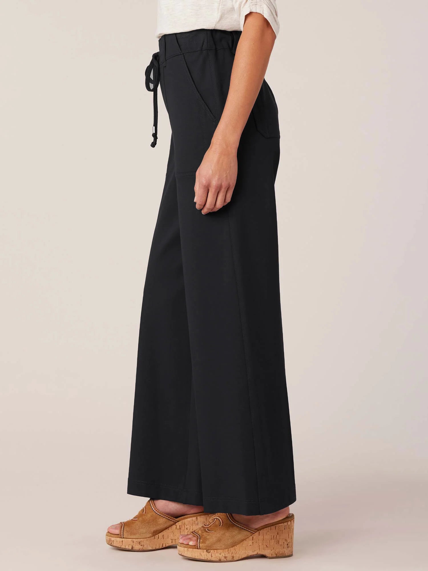 High Rise Ponte Patch Pocket Utility Wide Leg Pants Black