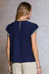Embroidered Front Rick Rack Sleeve Blouse Navy