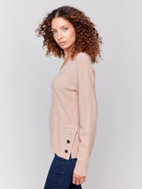 Plushy Knit Vneck Side Placket Grommet Top Heather Truffle