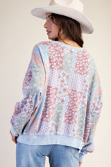 Floral Printed Washed Terry Pullover Peri Blue