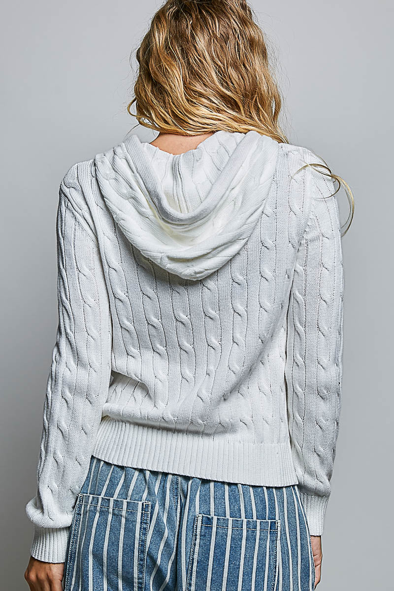 Floral Lace String Cable Knit Zip Hoodie Sweater Off White