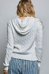 Floral Lace String Cable Knit Zip Hoodie Sweater Off White