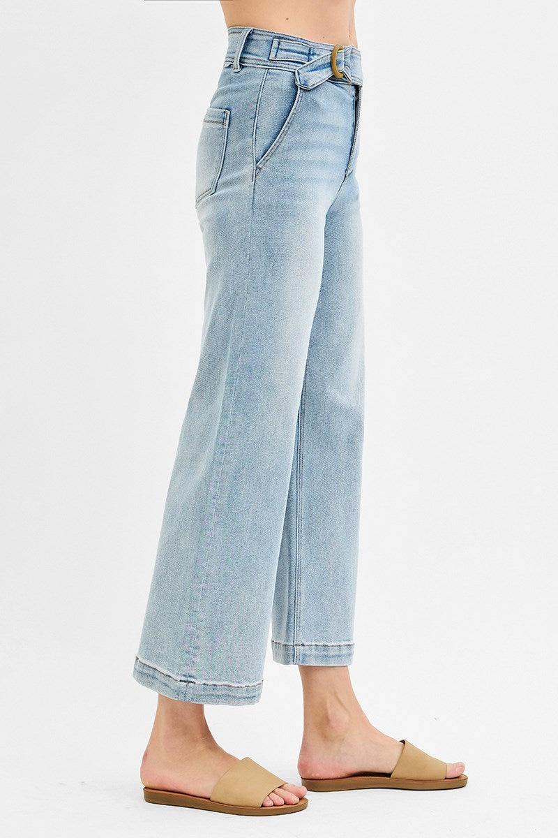 Wooden Buckle Belted High Rise Crop Wide Leg Jeans Light