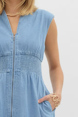 Denim Sleeveless Zip Front Smock Detail Midi Dress Light Blue