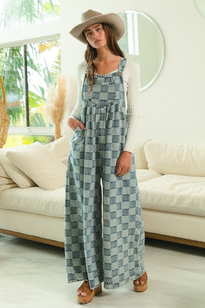Washed Vintage Checker Wide Leg Overalls Denim