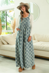 Washed Vintage Checker Wide Leg Overalls Denim