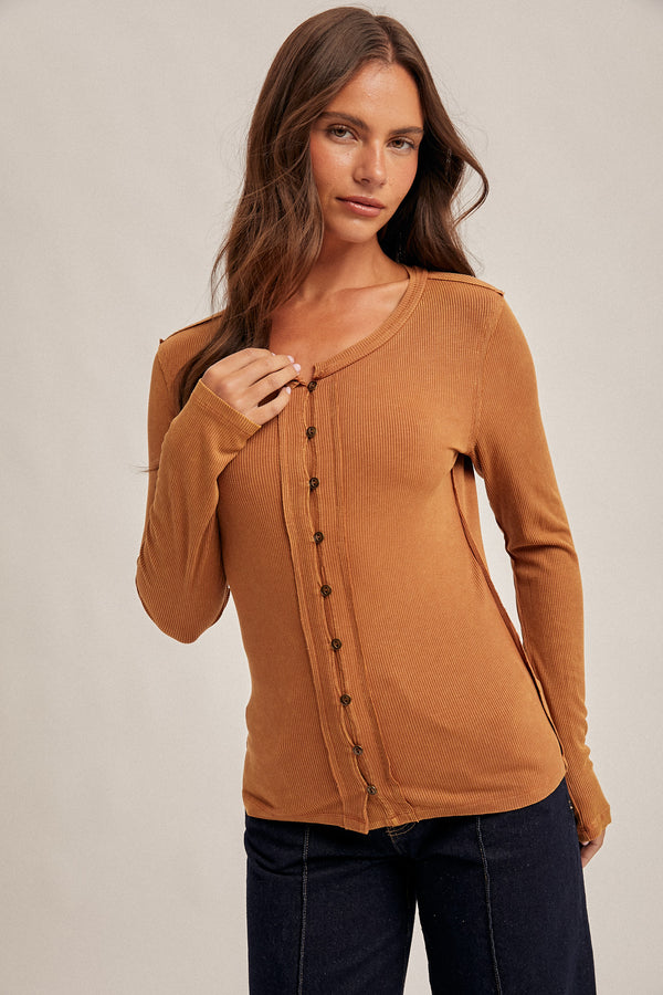 Snow Wash Rib Button Down Long Sleeve Top Tobacco