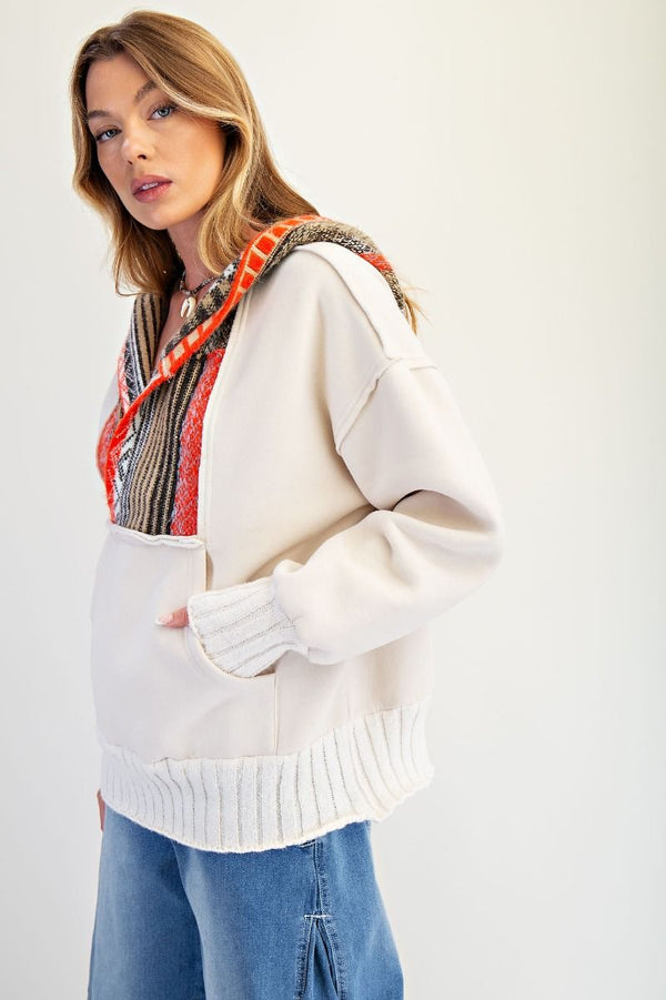 Multicolor Washed Terry Pullover Hoodie Ecru