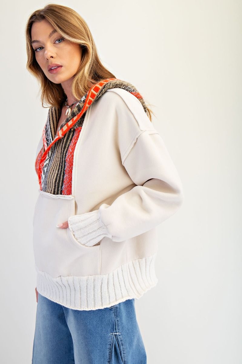 Multicolor Washed Terry Pullover Hoodie Ecru