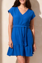 Tie Belt Cap Sleeve Dress Calypso Blue