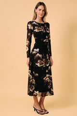 Cowl Neck Ruched Waist Floral Mesh Midi Dress Black + Brown